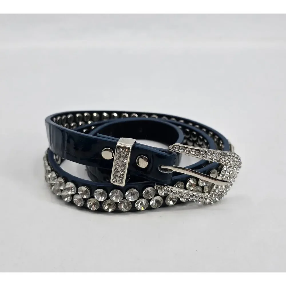 Vintage Y2K Navy Patent Leather Rhinestone Studded Belt Bling Western Glam S/M